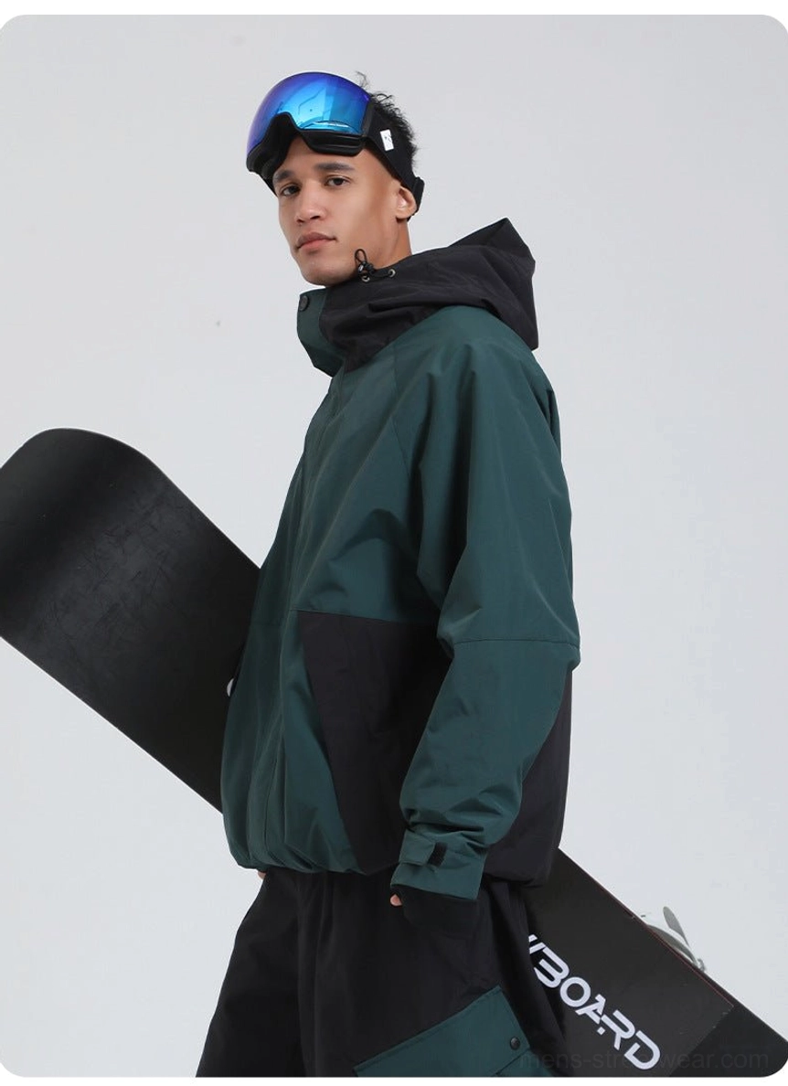 Colorblock snowboard shell jacket technical outerwear detail with protective hood and weather-ready construction