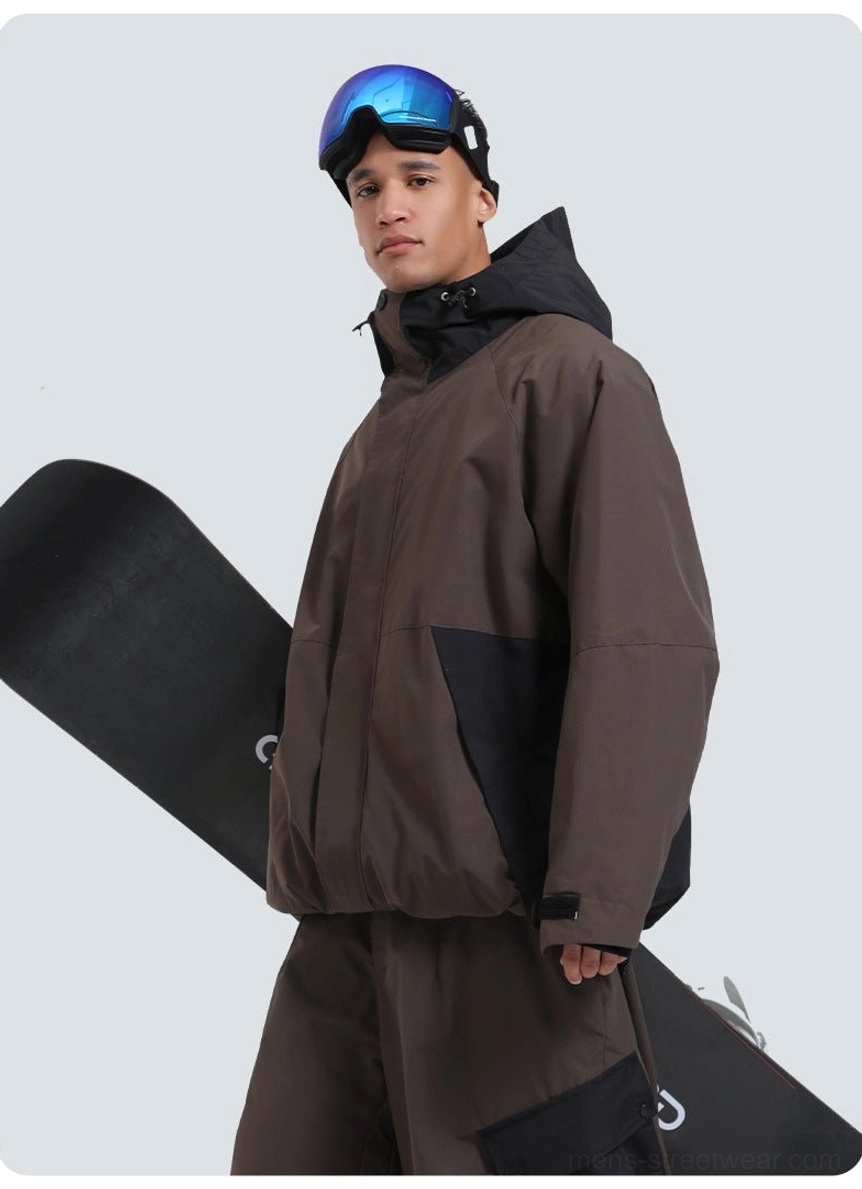 Colorblock snowboard shell jacket relaxed fit technical streetwear outerwear detail view