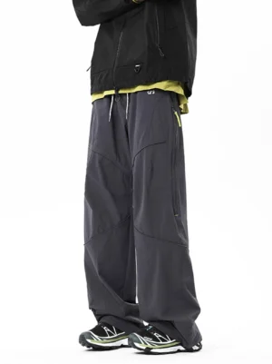 Dark gray relaxed wide-leg tech cargo pants with multi-panel stitching and drawcord waist in a Korean streetwear outfit
