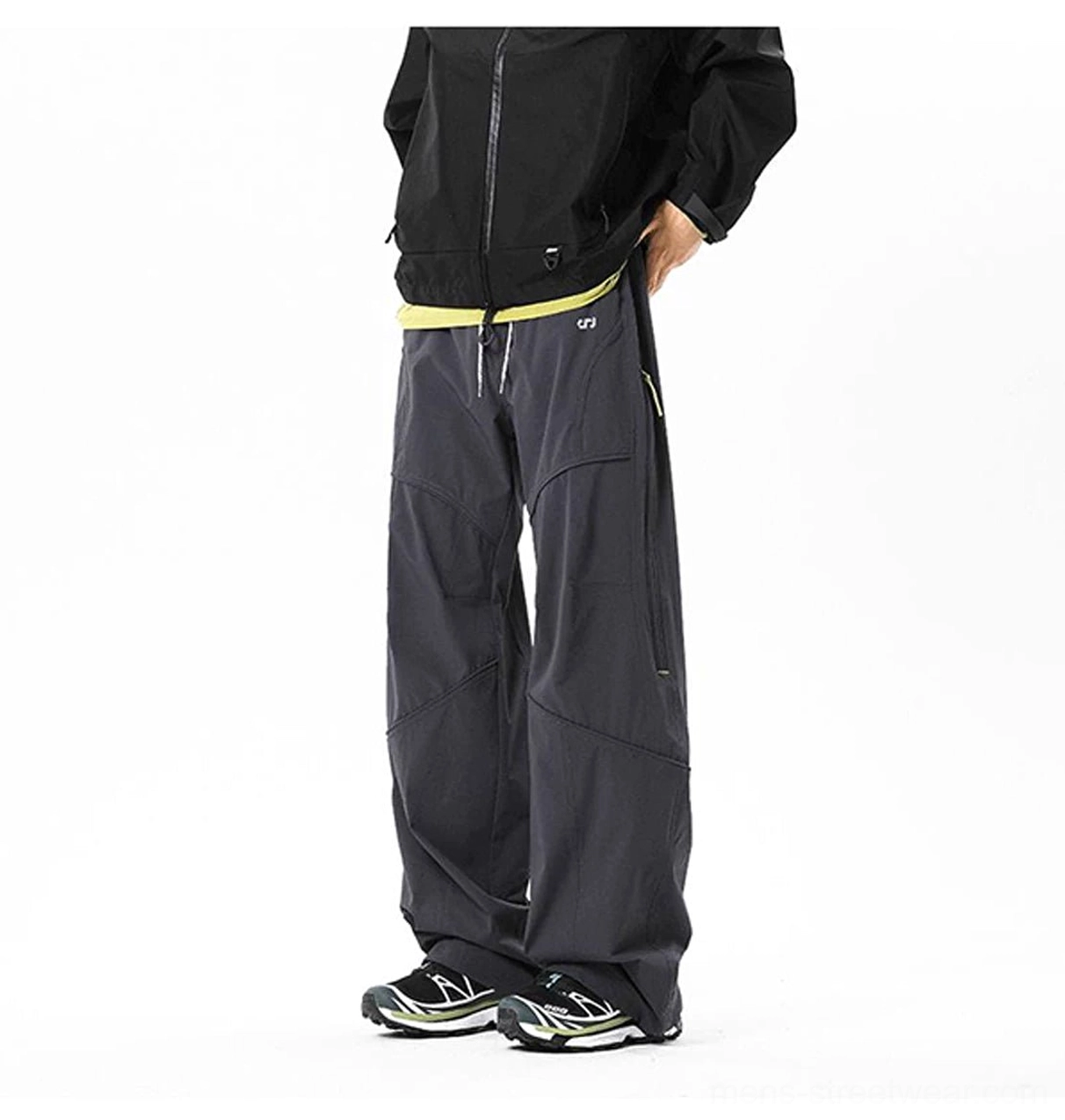 Korean-style technical cargo trousers with wide-leg fit and functional details for everyday wear