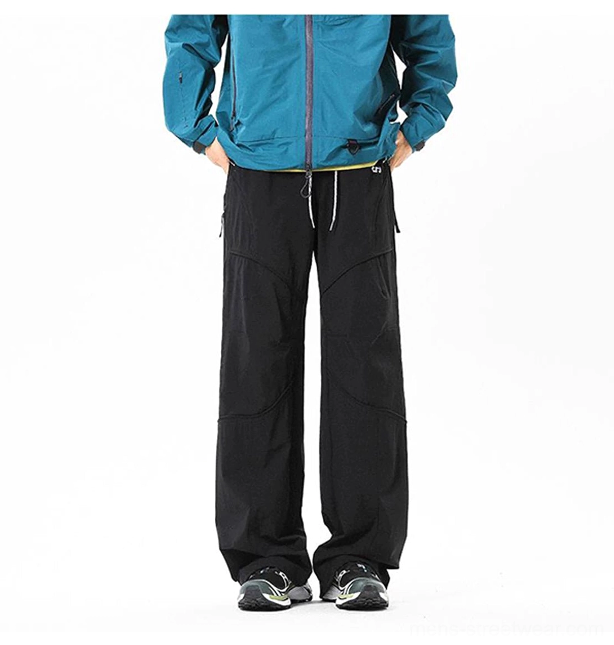Men's wide-leg tech cargo pants with utility pockets and relaxed Korean streetwear styling