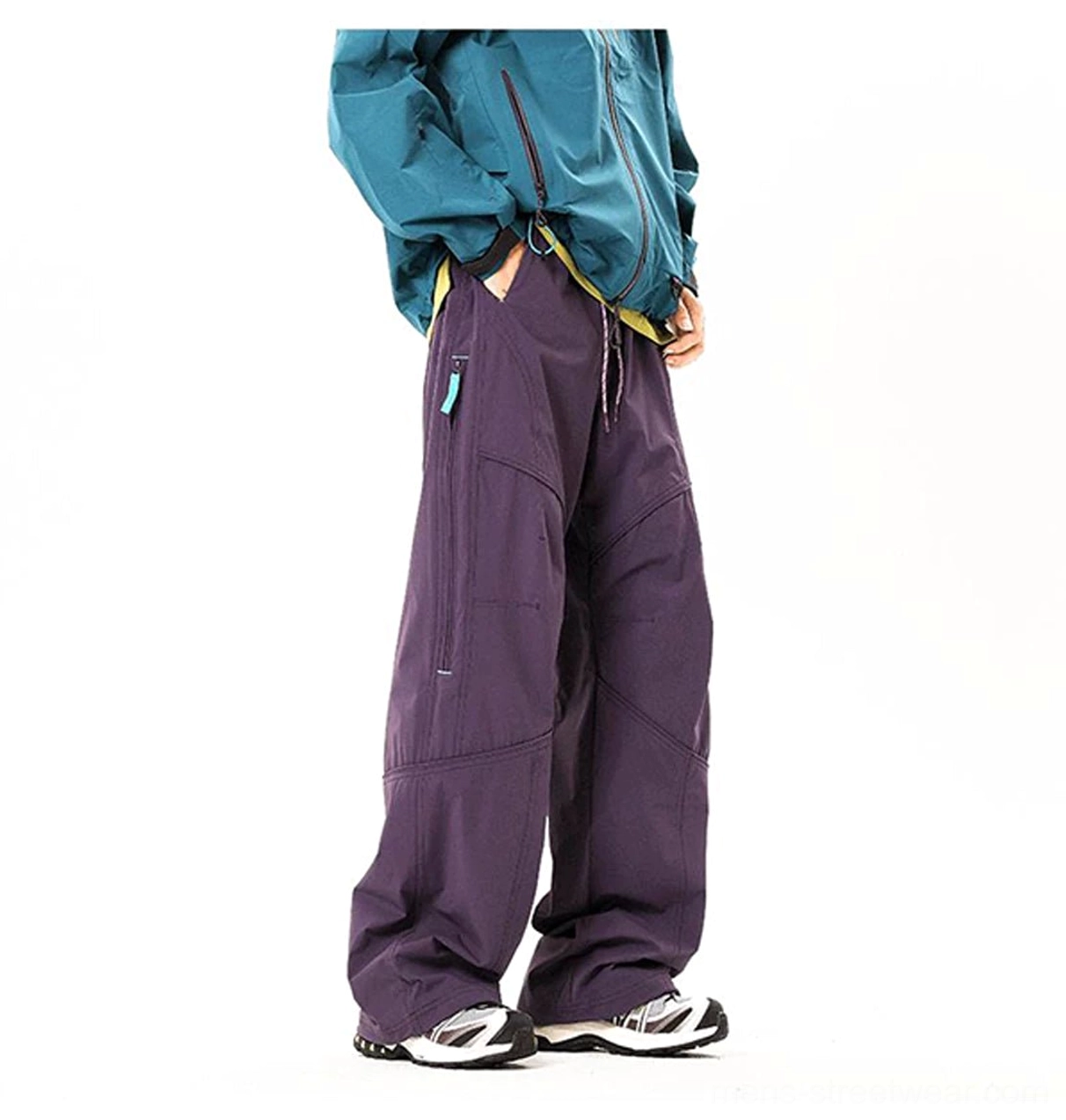 Dark purple tech cargo pants featuring a vertical side cargo pocket and relaxed fit for gorpcore streetwear