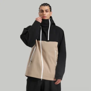 Black and khaki colorblock hooded snow jacket with contrast zippers shown from the front three-quarter view