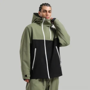 Olive green and black colorblock snow jacket with relaxed fit and hood shown from the side