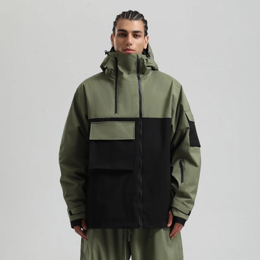 Colorblock techwear snowboard jacket with relaxed streetwear silhouette, attached hood, insulated shell, and functional utility pockets