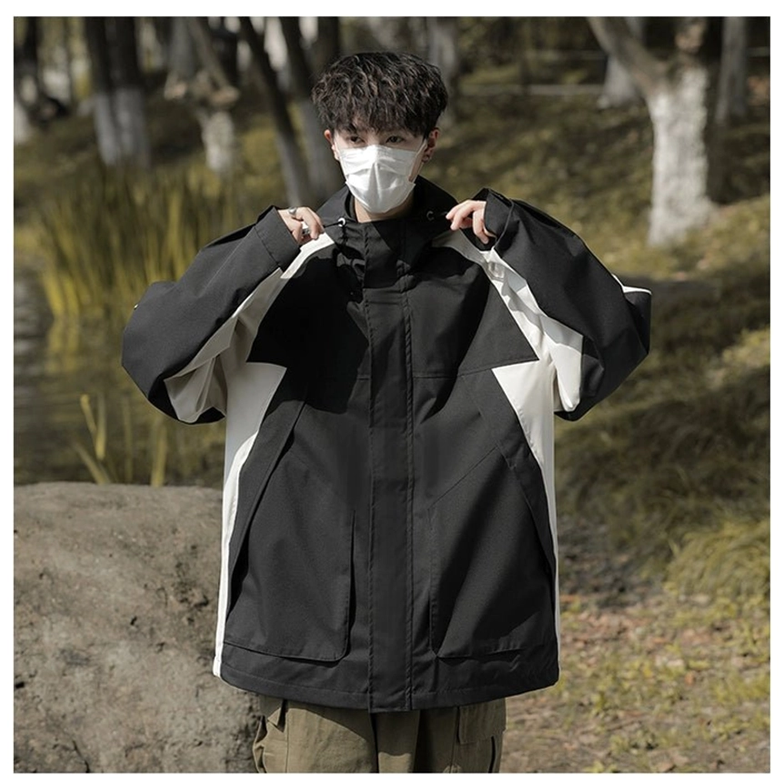 Colorblock techwear windbreaker jacket with adjustable hood and spacious cargo pockets