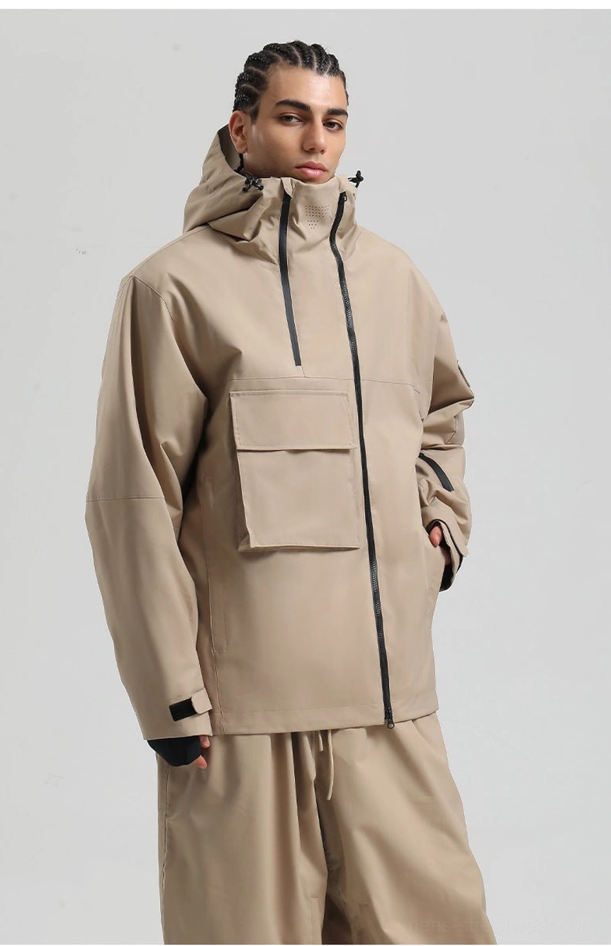 Contemporary Asian fashion snow jacket with clean technical lines, attached hood, contrast panels, practical pockets, and winter layering room