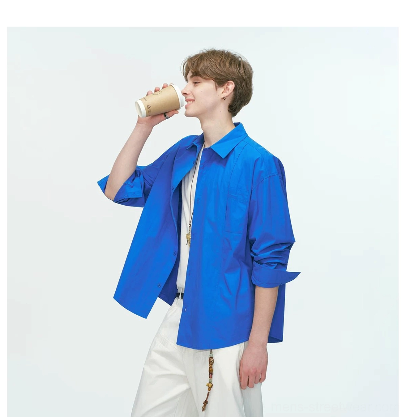 Contemporary cotton poplin shirt with roomy shoulders and clean drape for Korean-inspired everyday outfits