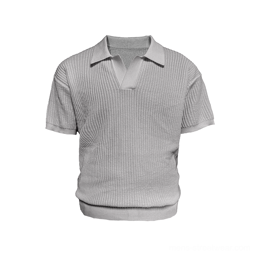 Contemporary short-sleeve ribbed knit polo shirt with clean open neckline and understated streetwear design