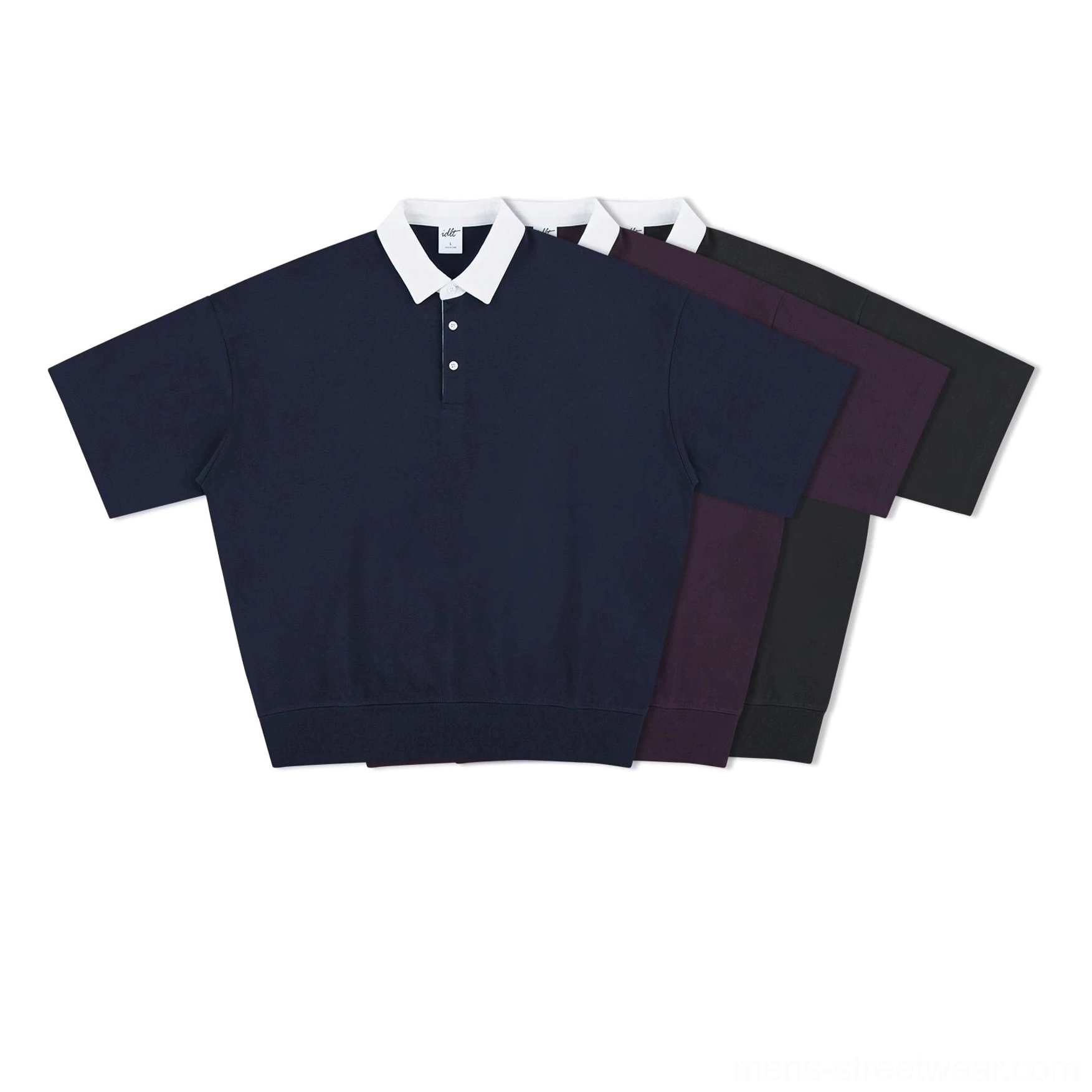 Contrast collar knit polo shirt collection in dark gray dark blue and dark purple with relaxed oversized Korean streetwear fit