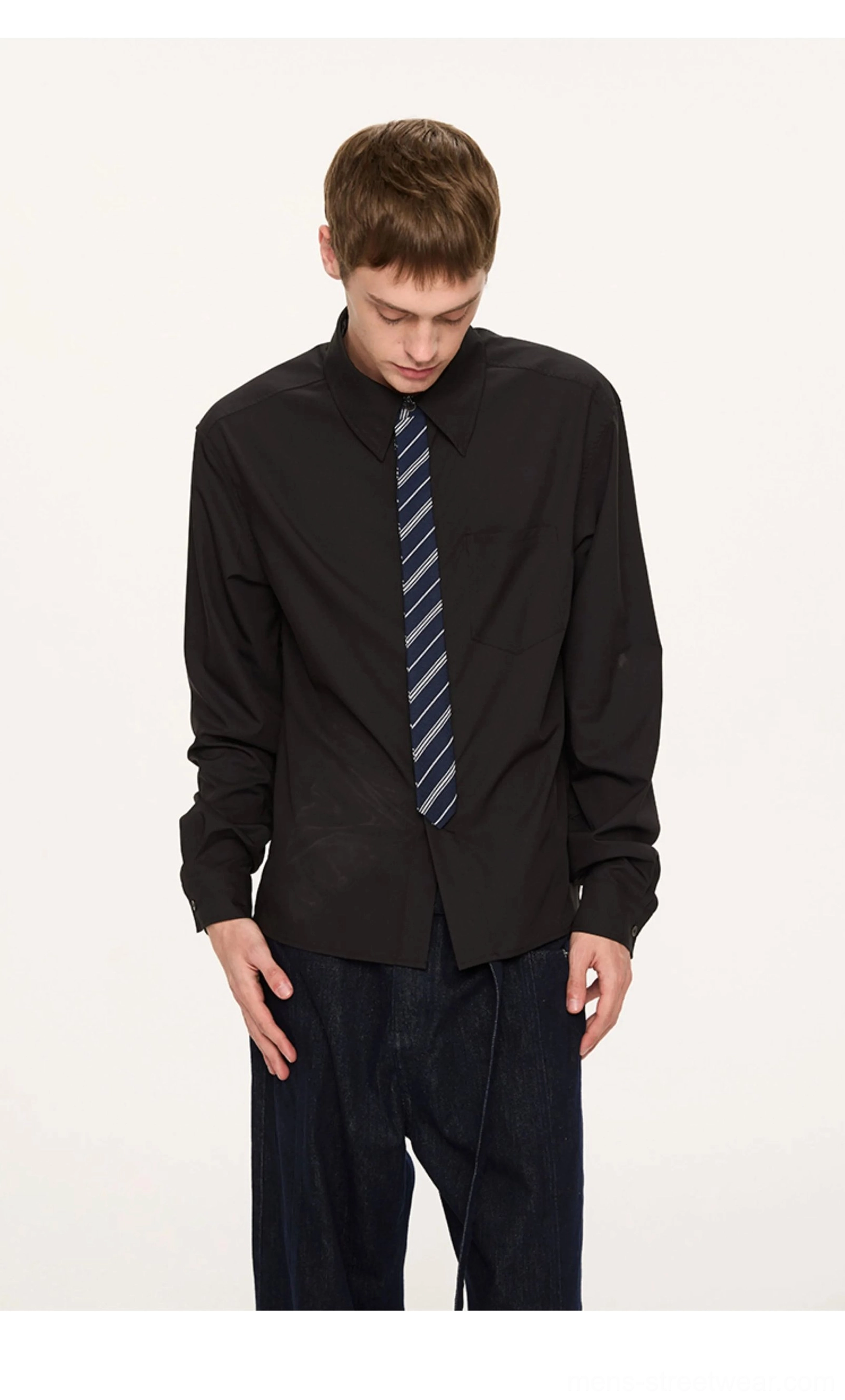 Contrast collar shirt and coordinating tie set presented in a modern Korean streetwear clothing collection