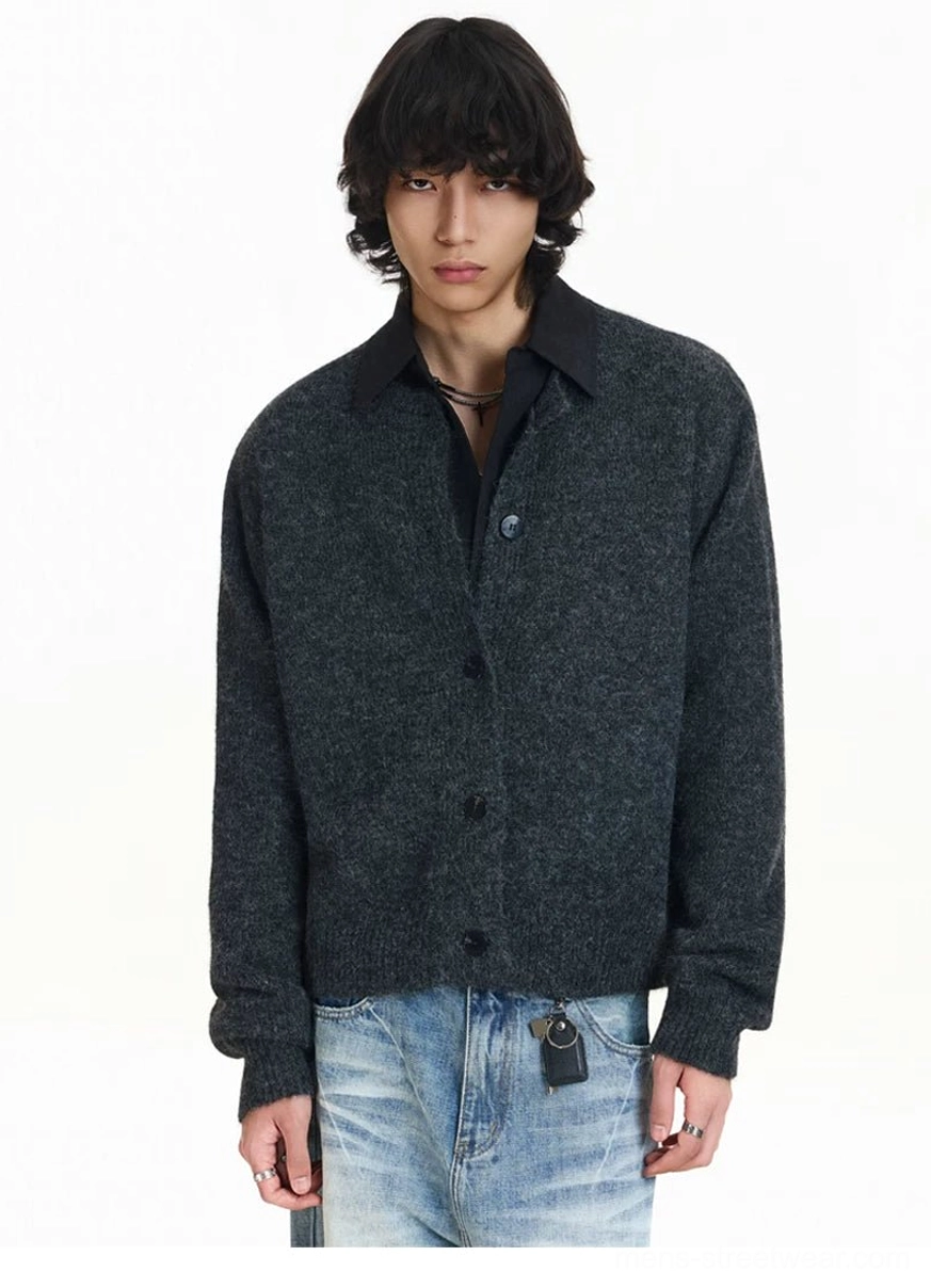Contrast collar soft knit cardigan product image showcasing Korean streetwear layering style and relaxed button front design
