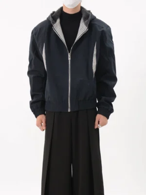 Dark navy contrast panel faux fur hooded cropped bomber jacket front full body streetwear outfit