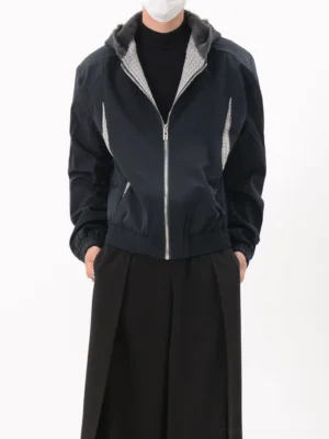 Navy hooded contrast panel bomber jacket with grey faux fur lining and silver zip front view