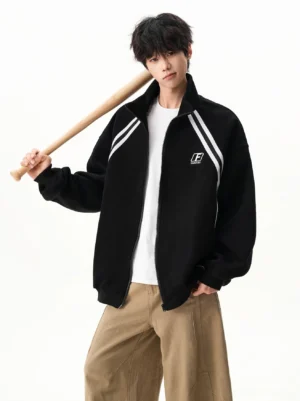 Black contrast stripe oversized stand collar track jacket with white shoulder stripes front view