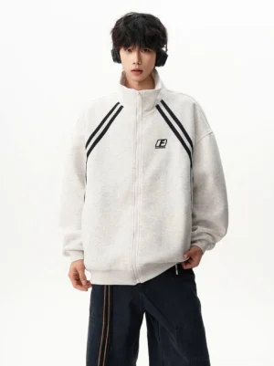 White gray contrast stripe oversized stand collar track jacket front full body streetwear outfit