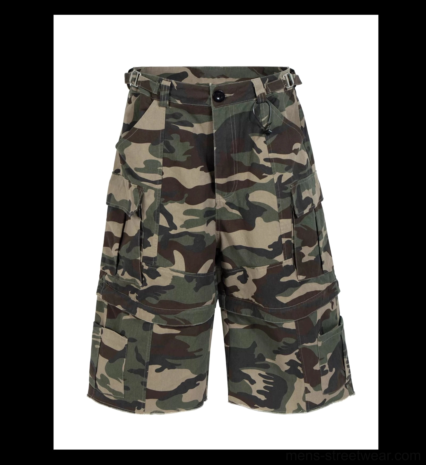 Convertible zip-off cargo shorts pants in a wide-leg Korean streetwear design, highlighting the modular silhouette, utility pockets, and adjustable waist