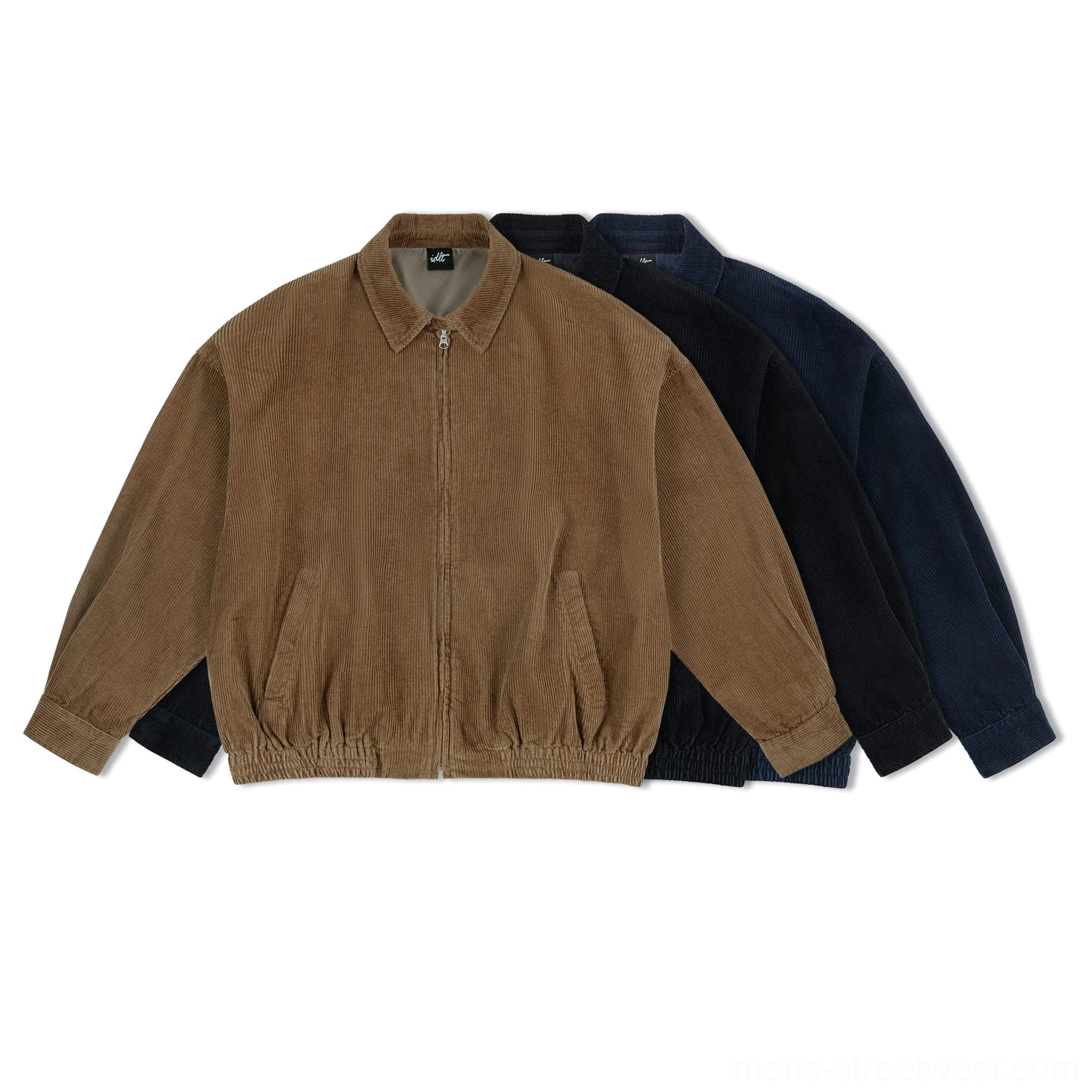 Brown and dark blue wide-wale corduroy Harrington jacket front flat lay with pointed collar full zipper elasticated hem and side pockets