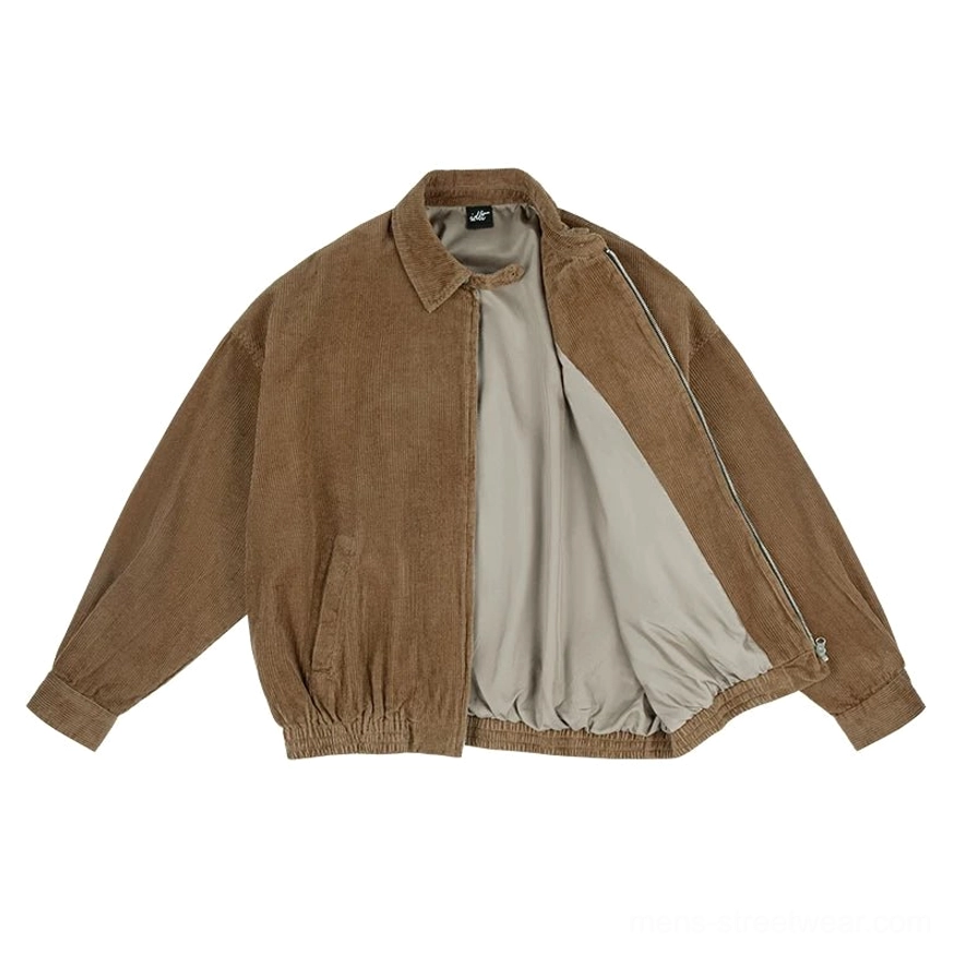 Open front corduroy Harrington jacket showing smooth grey polyester lining full zipper and practical side slip pockets