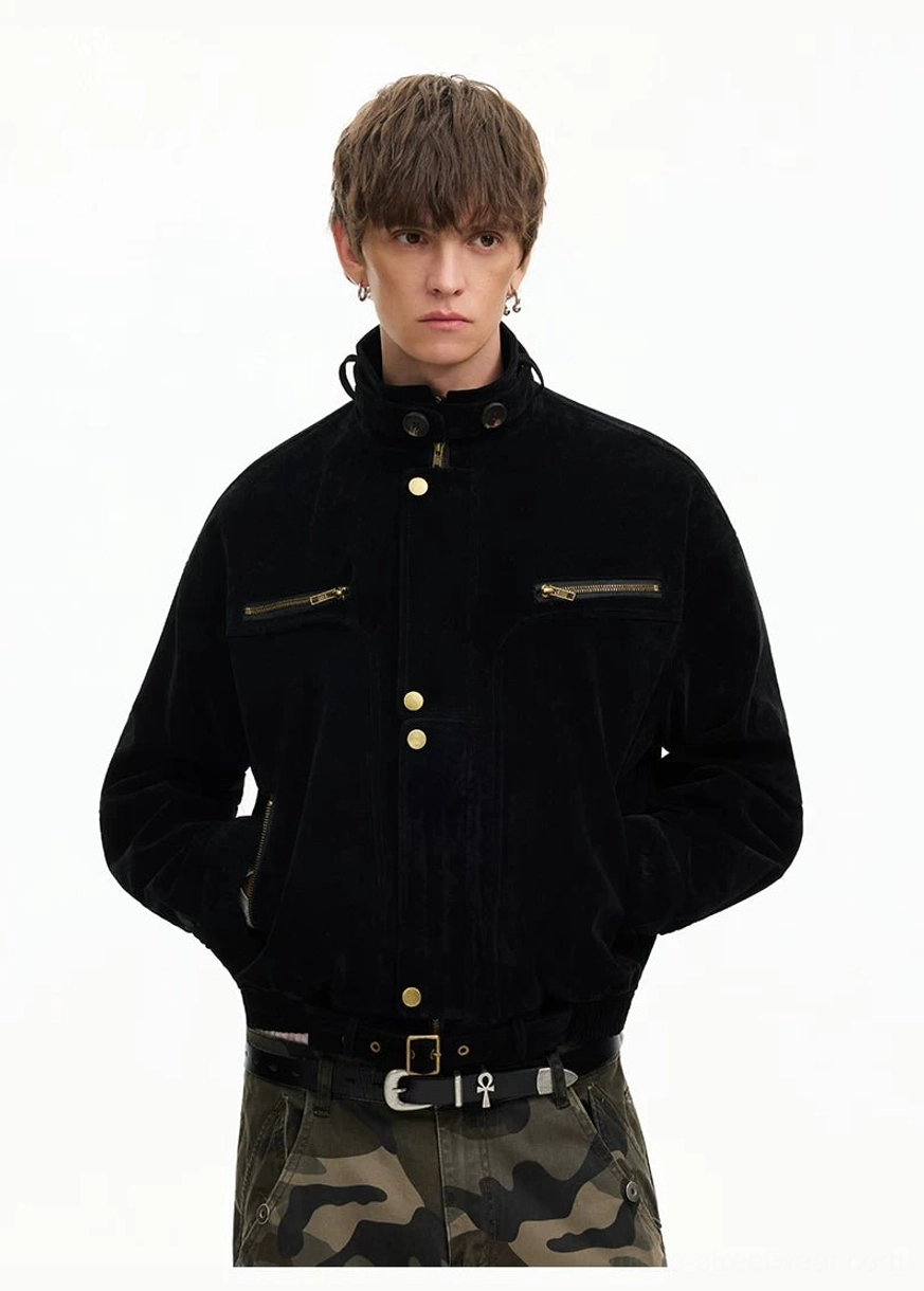 Corduroy utility bomber jacket with gold hardware and stand collar streetwear product detail view