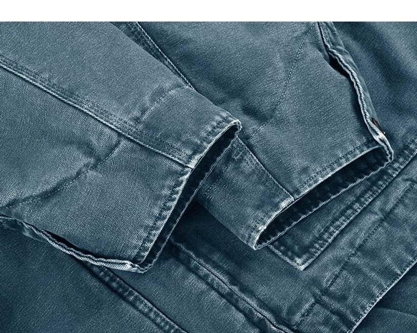 Cotton canvas work jacket product detail with contrasting corduroy collar, full zipper closure, and practical streetwear design