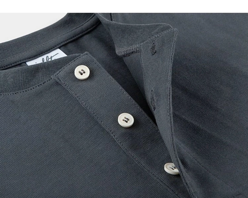 Cotton Henley T-shirt product image highlighting a clean solid-color finish and versatile Korean fashion styling