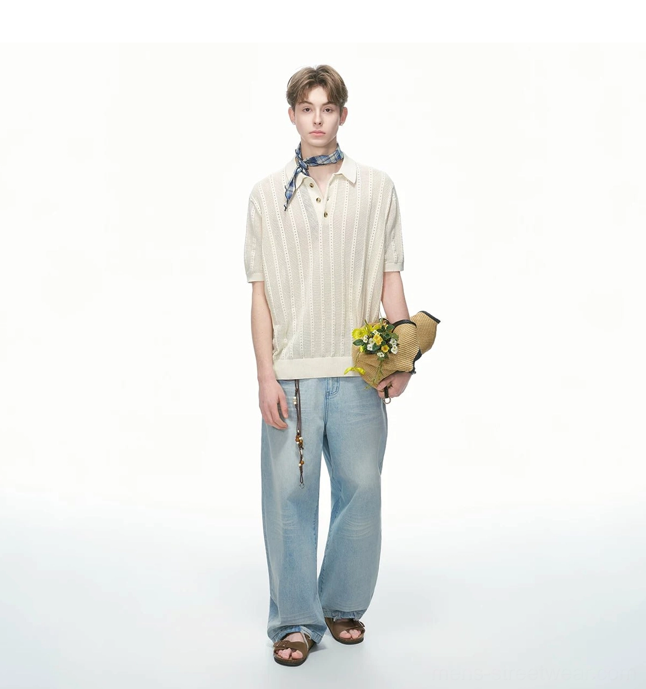 Cotton pointelle knit polo shirt with breathable openwork texture for modern spring summer streetwear outfits