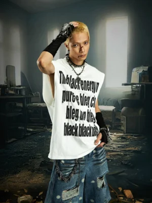 White cracked text oversized sleeveless streetwear muscle tee front view with layered accessories in dark grunge styling