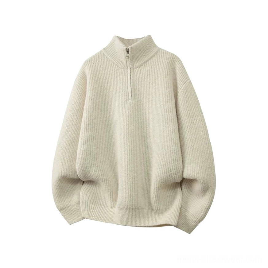 Cream apricot oversized half-zip mock neck rib knit sweater with cozy drop shoulders and loose Korean streetwear fit