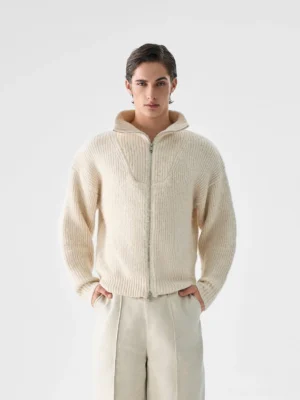 Cream beige relaxed full-zip ribbed knit sweater for men with soft textured yarn and high stand collar front view