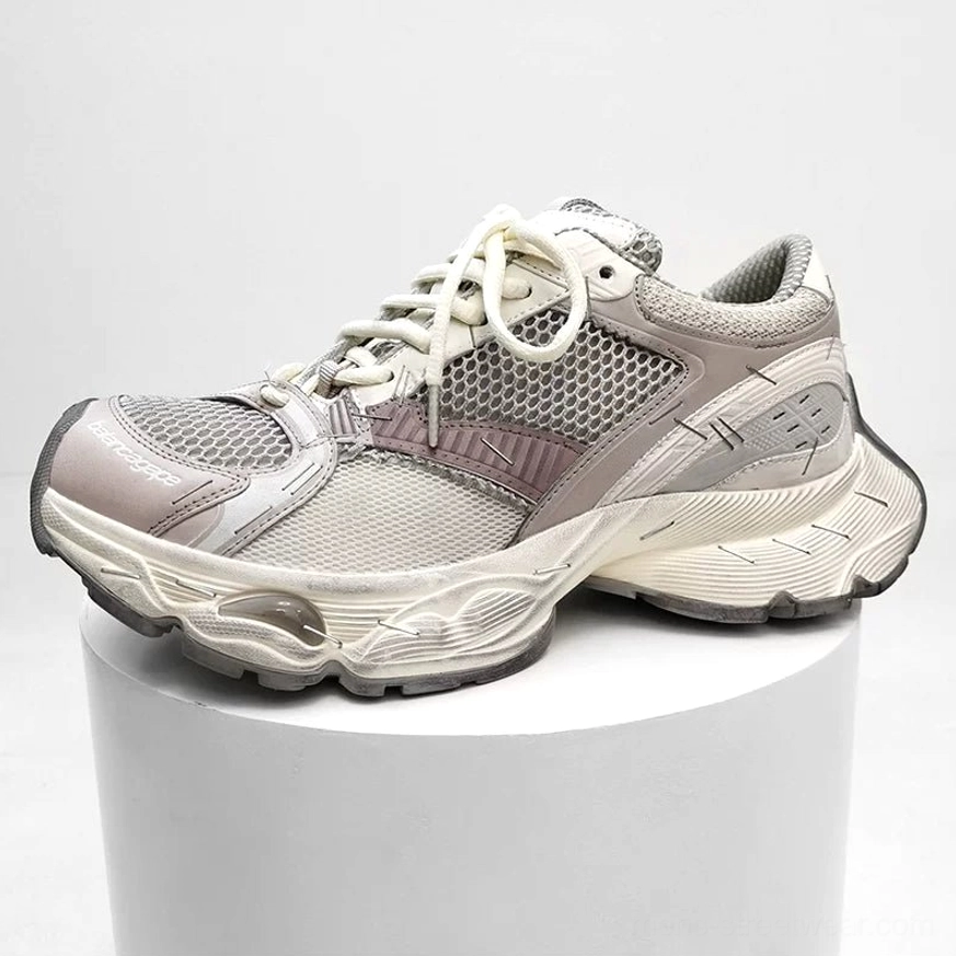 Cream and light grey retro chunky sneakers with breathable mesh vamp, muted purple accent stripe, and thick off-white platform sole