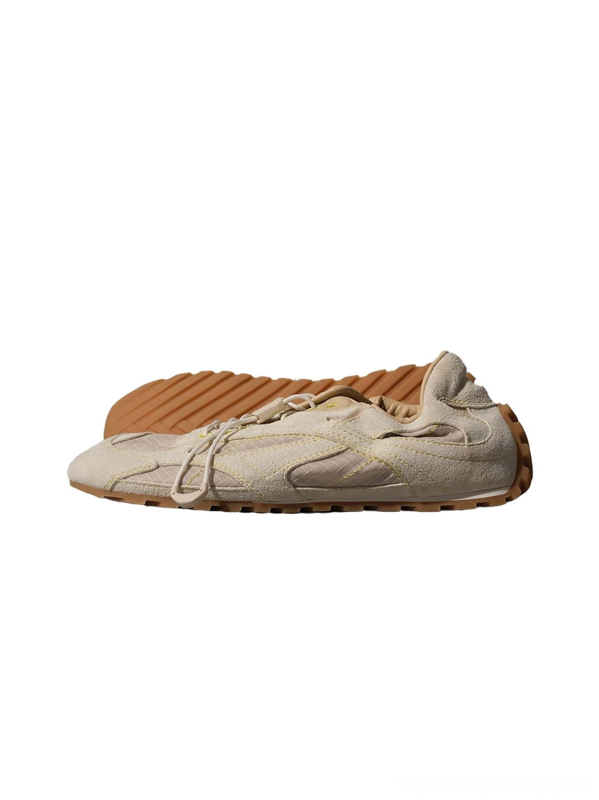 Cream off-white paneled nubuck low-profile trainers with minimalist upper and tan gum rubber outsole