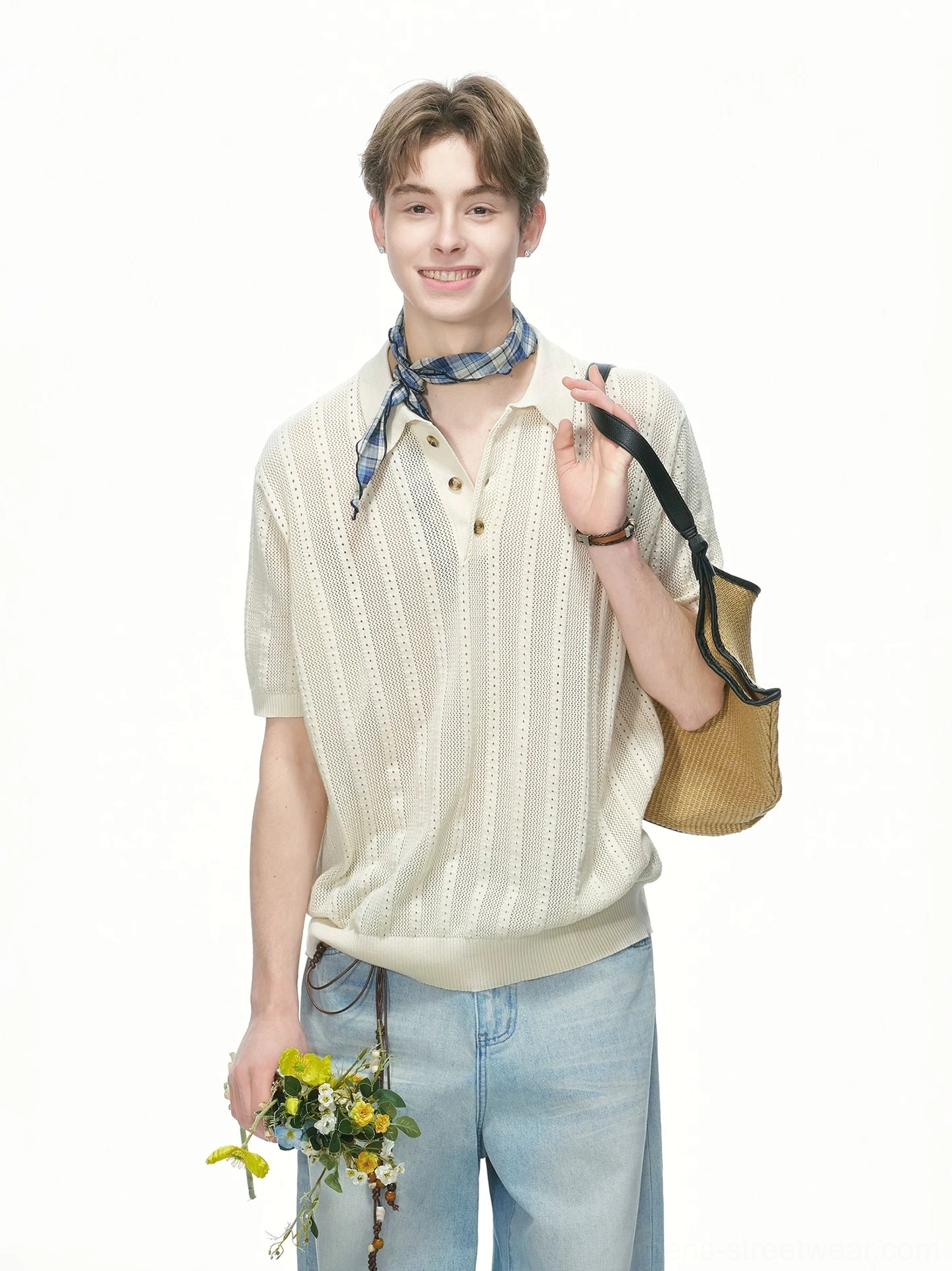 Cream white cotton pointelle knit polo shirt styled with light blue denim, woven tote bag, and plaid neck scarf