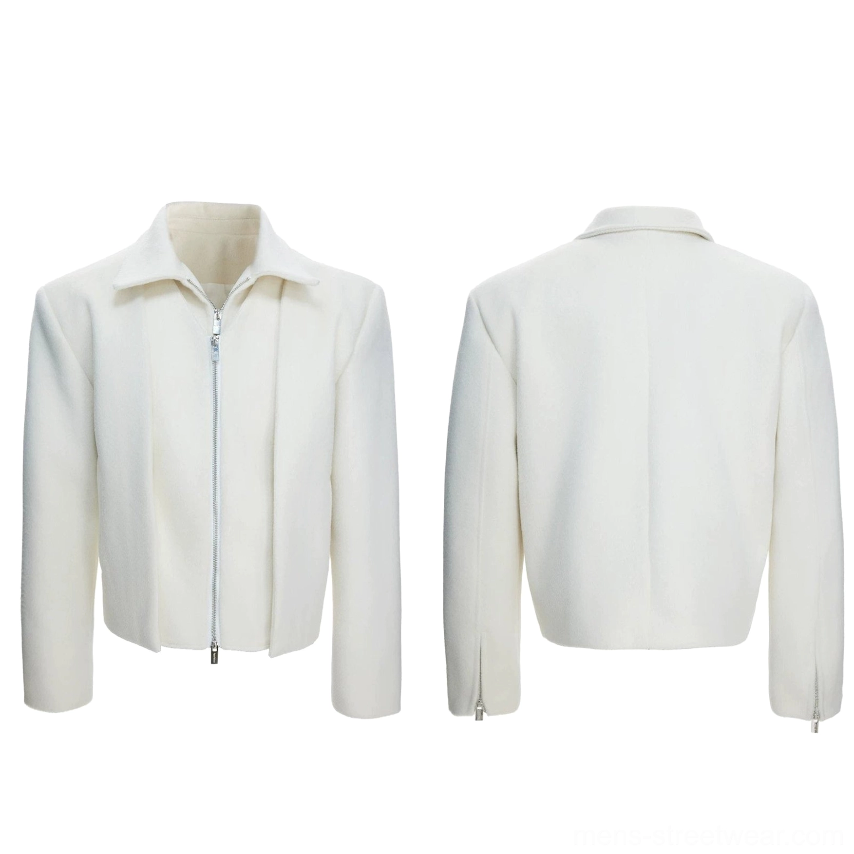 Flat lay front and back view of a cream white double-zip sculpted cropped wool jacket with wide collar and pleated panels
