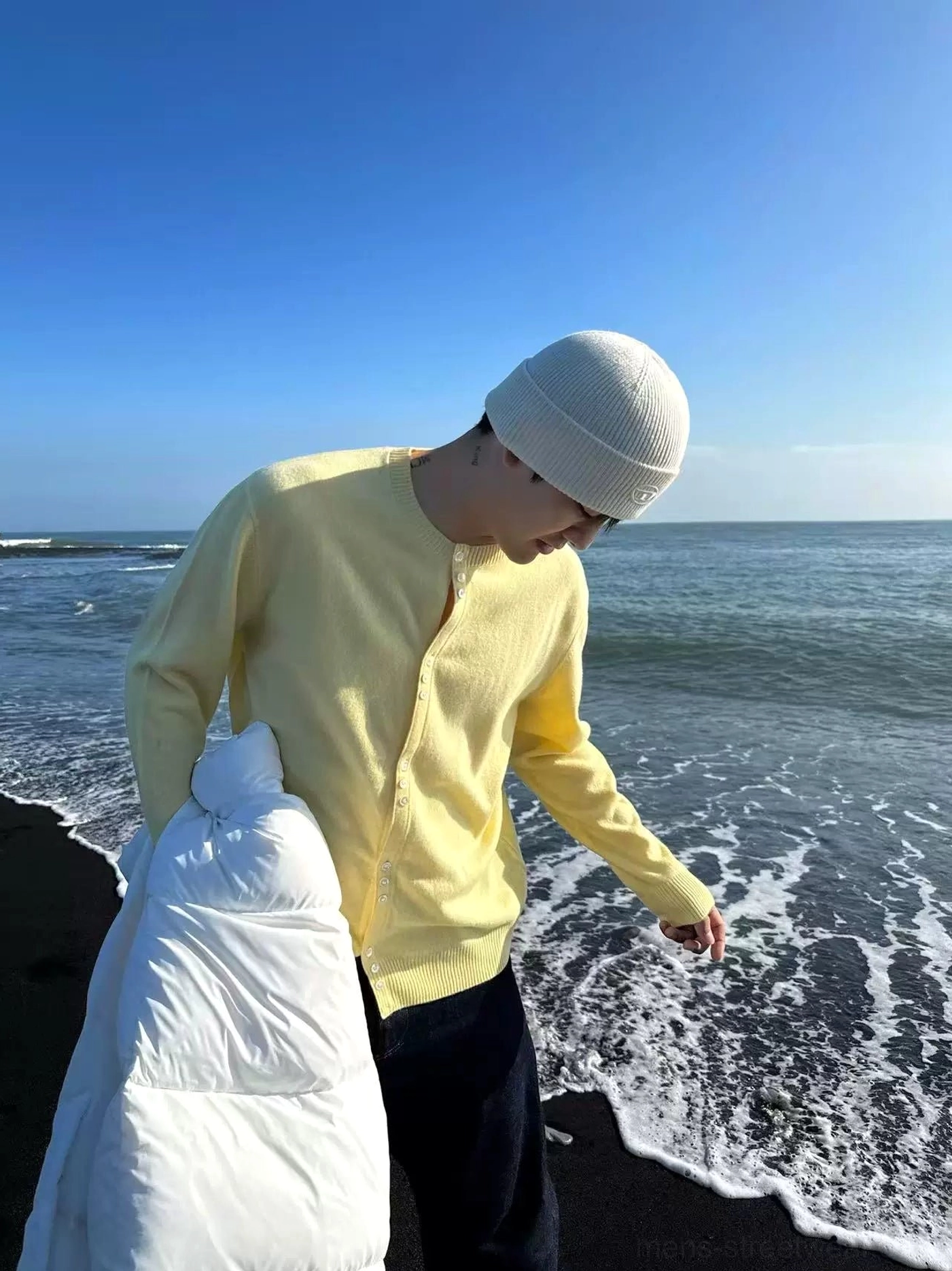 Creamy yellow lambswool henley knit cardigan alternate product image for modern Korean streetwear layering