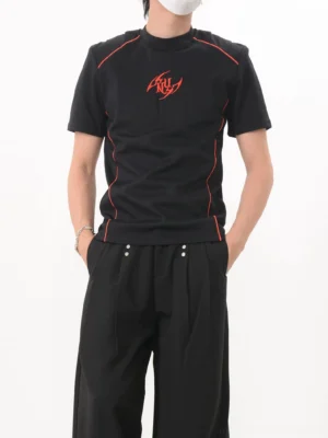 Black Korean streetwear racing tee shown in a full front view with red seam piping and fitted athletic silhouette