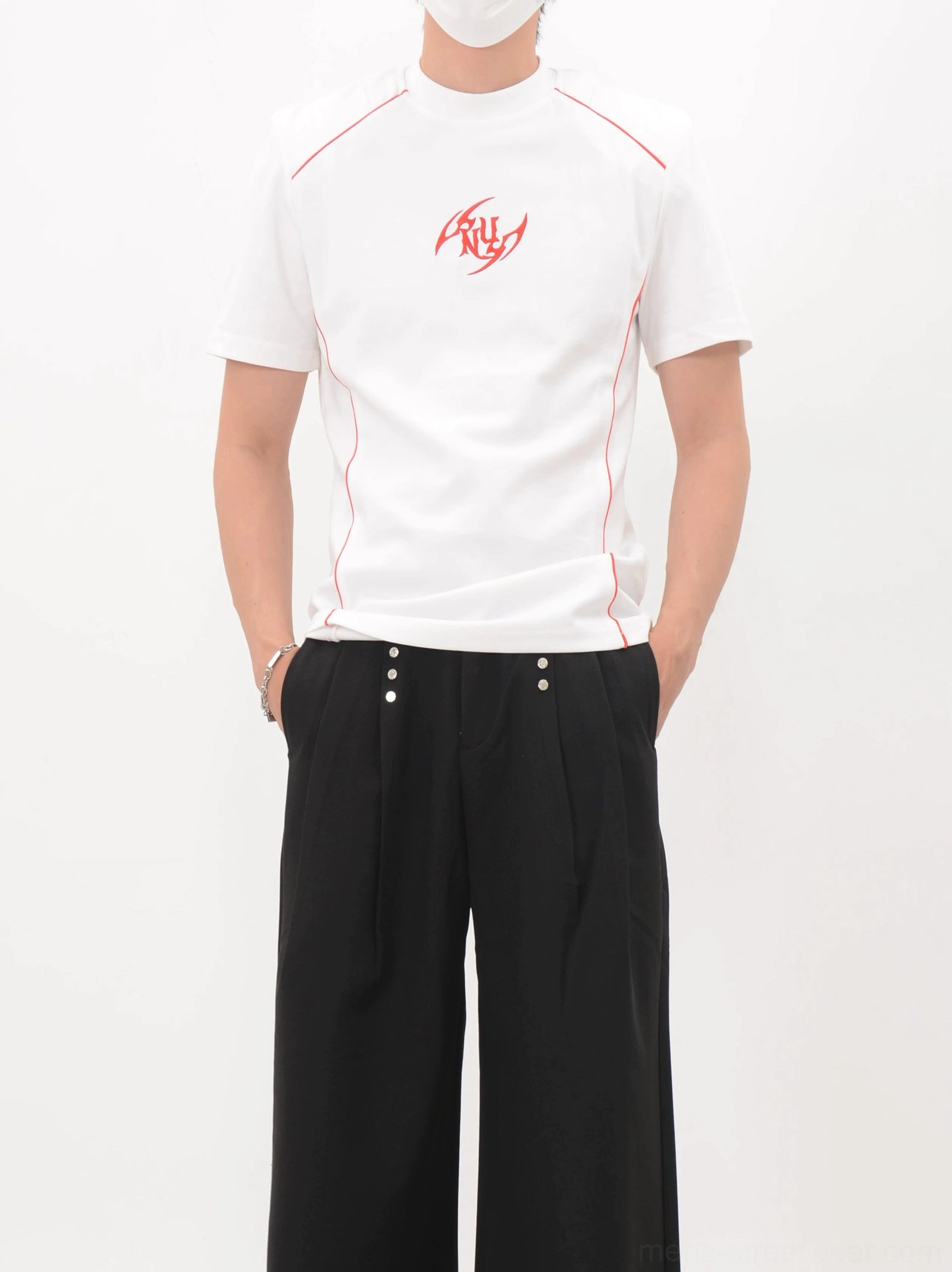 Crimson Circuit slim-fit racing T-shirt product image featuring red contrast piping and Korean streetwear styling