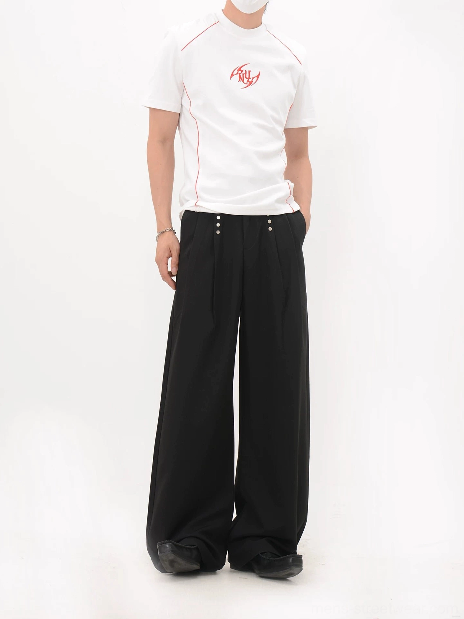 White Korean fashion racing tee shown from the back and side with red seam piping, slim tailored shape, and clean styling