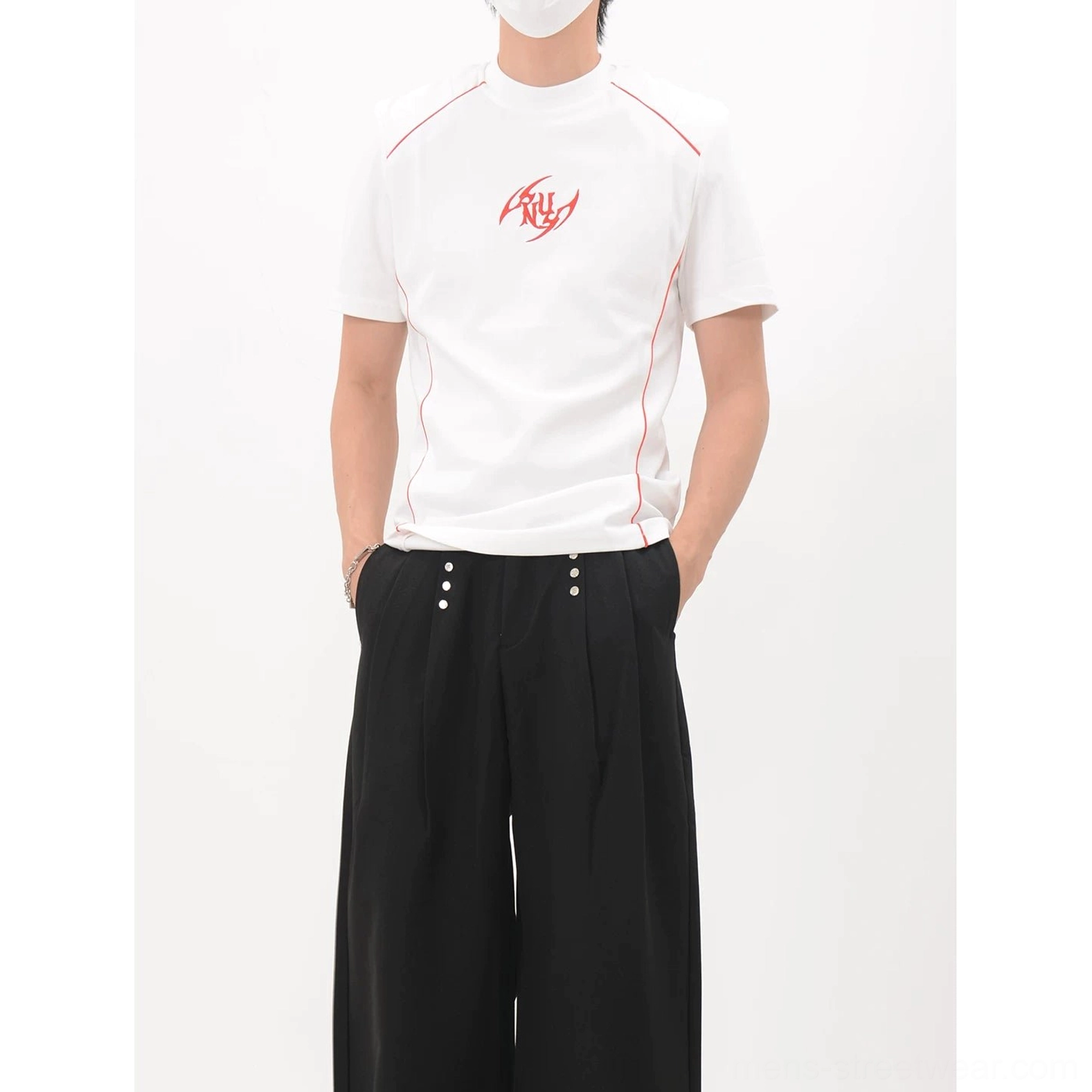 Crimson Circuit white racing-style streetwear T-shirt with red chest emblem and contrast piping details