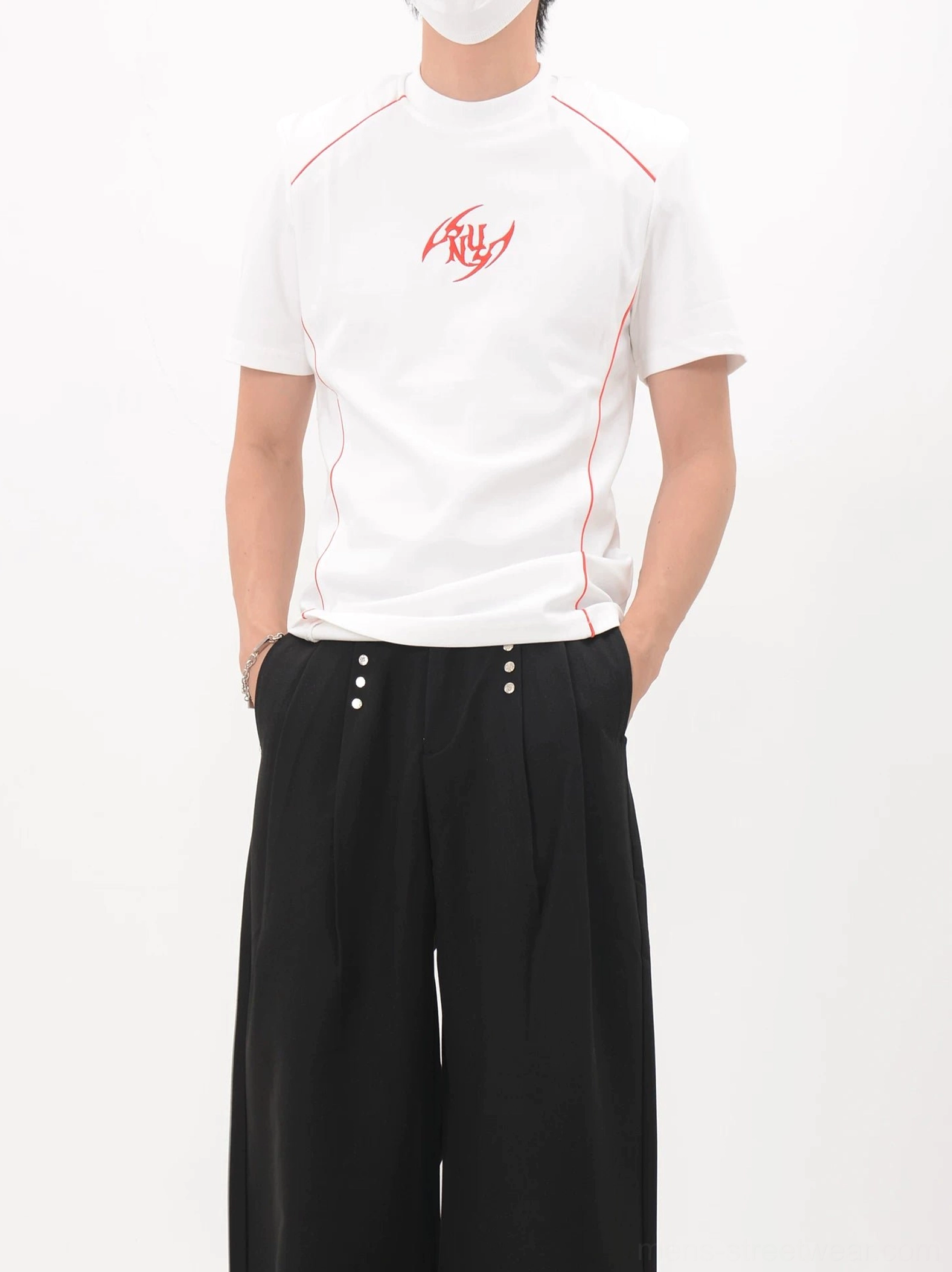 White Crimson Circuit slim-fit streetwear T-shirt shown from a front three-quarter view with red stitching and chest emblem
