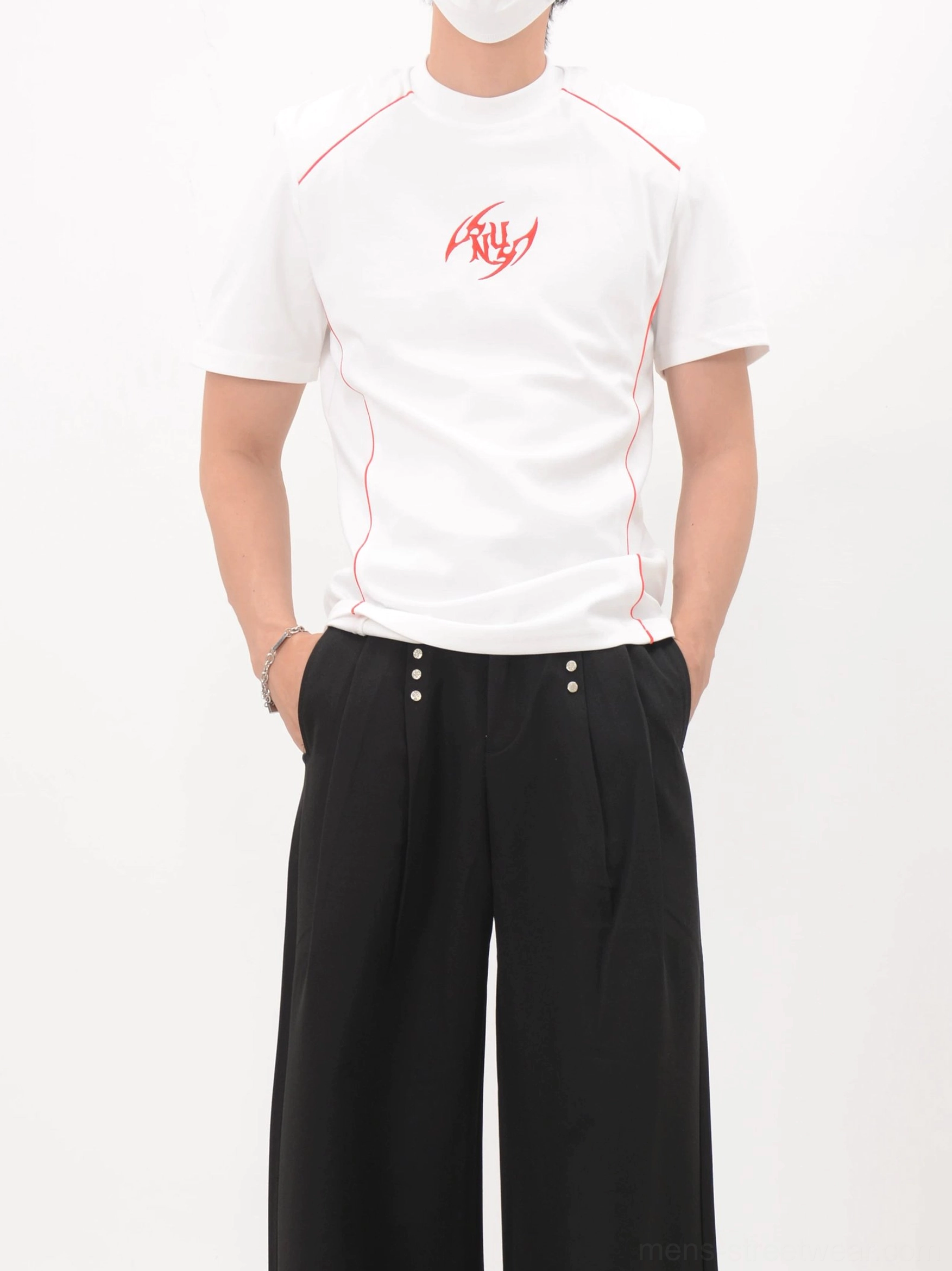 White slim-fit Korean streetwear T-shirt shown from a front three-quarter view with red piping and bold chest graphic