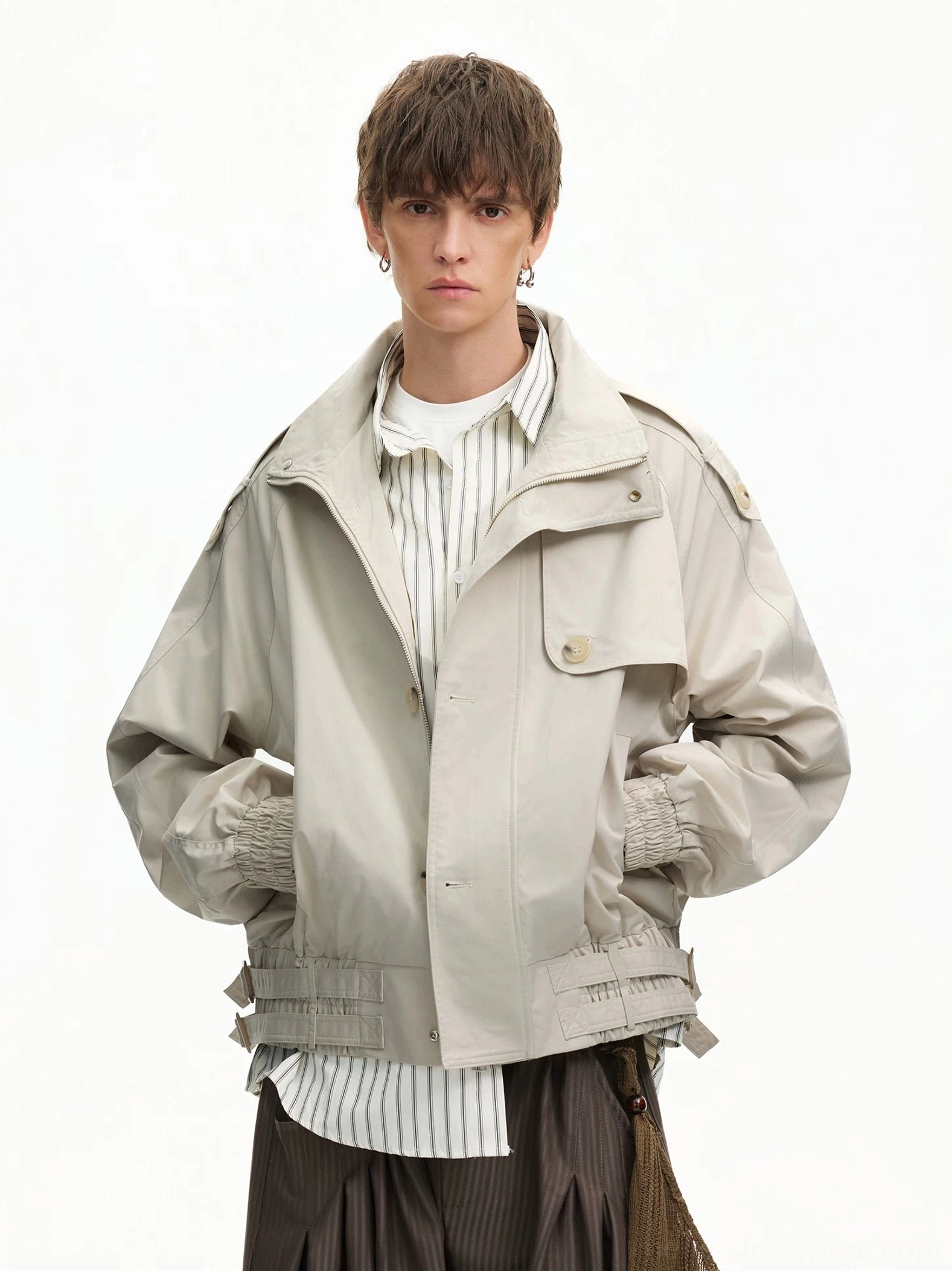 Apricot cropped cinch-hem windbreaker jacket with stand collar chest flap pocket elastic cuffs and adjustable drawstring hem in Korean streetwear style