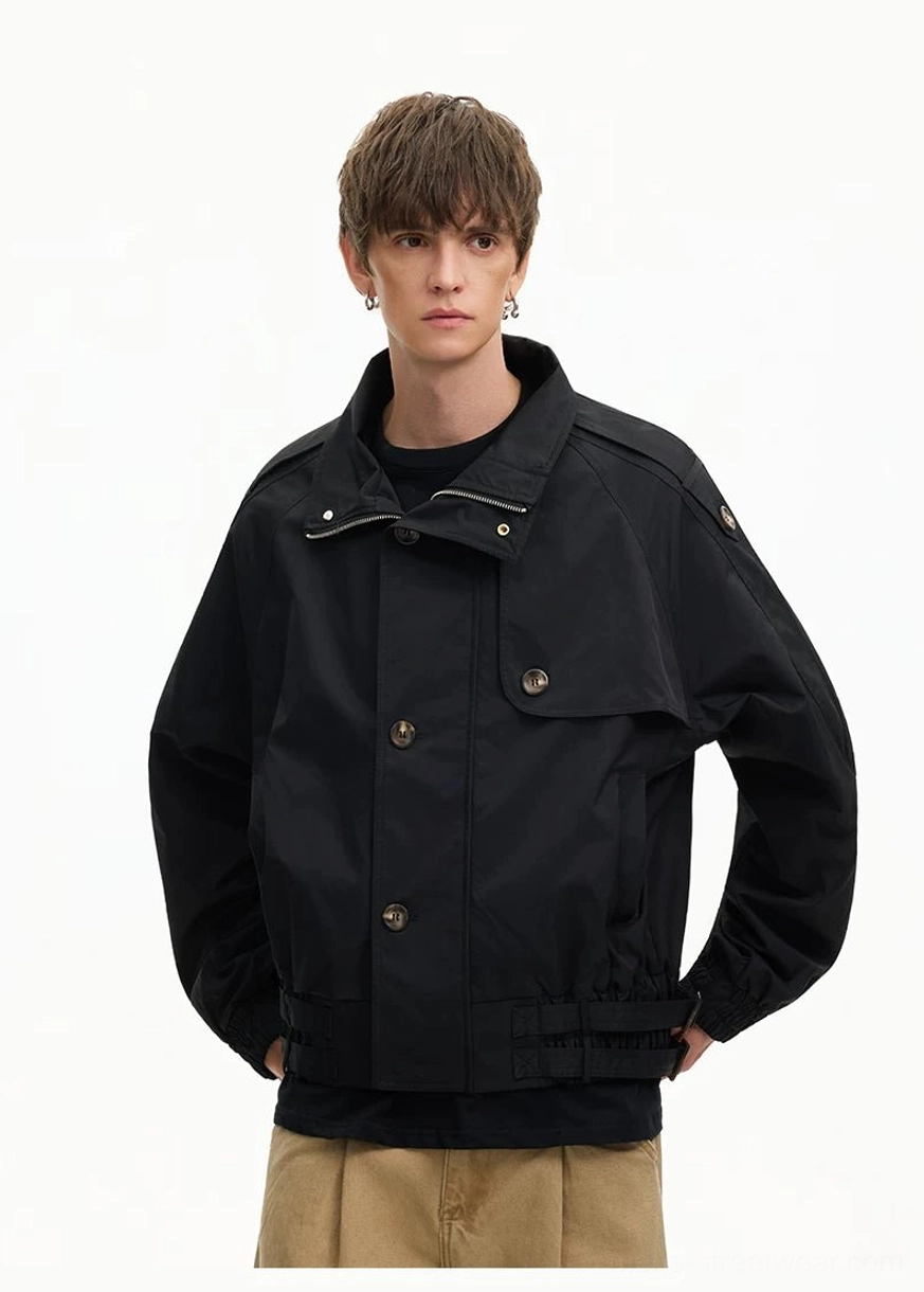 Cropped cinch-hem windbreaker jacket in modern Korean streetwear style with boxy utility silhouette and adjustable hem