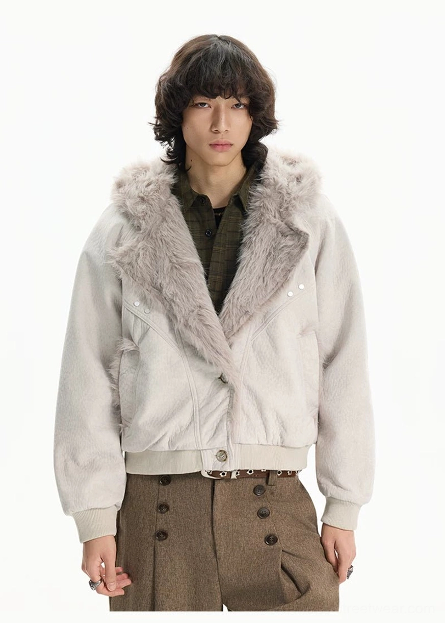 Cropped faux fur bomber jacket in dark gray and apricot with oversized textured trim for winter streetwear