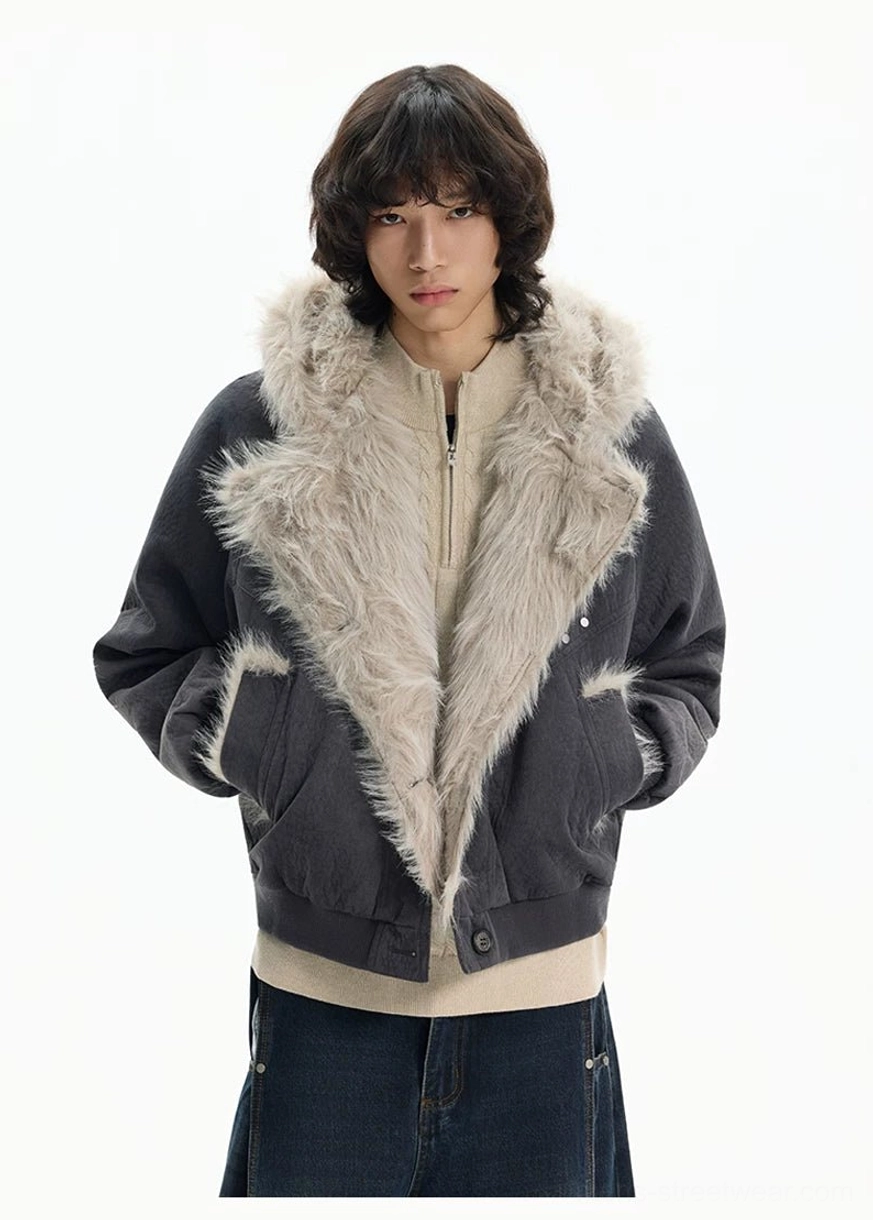 Cropped faux fur streetwear jacket with contrasting shell texture and oversized plush front trim