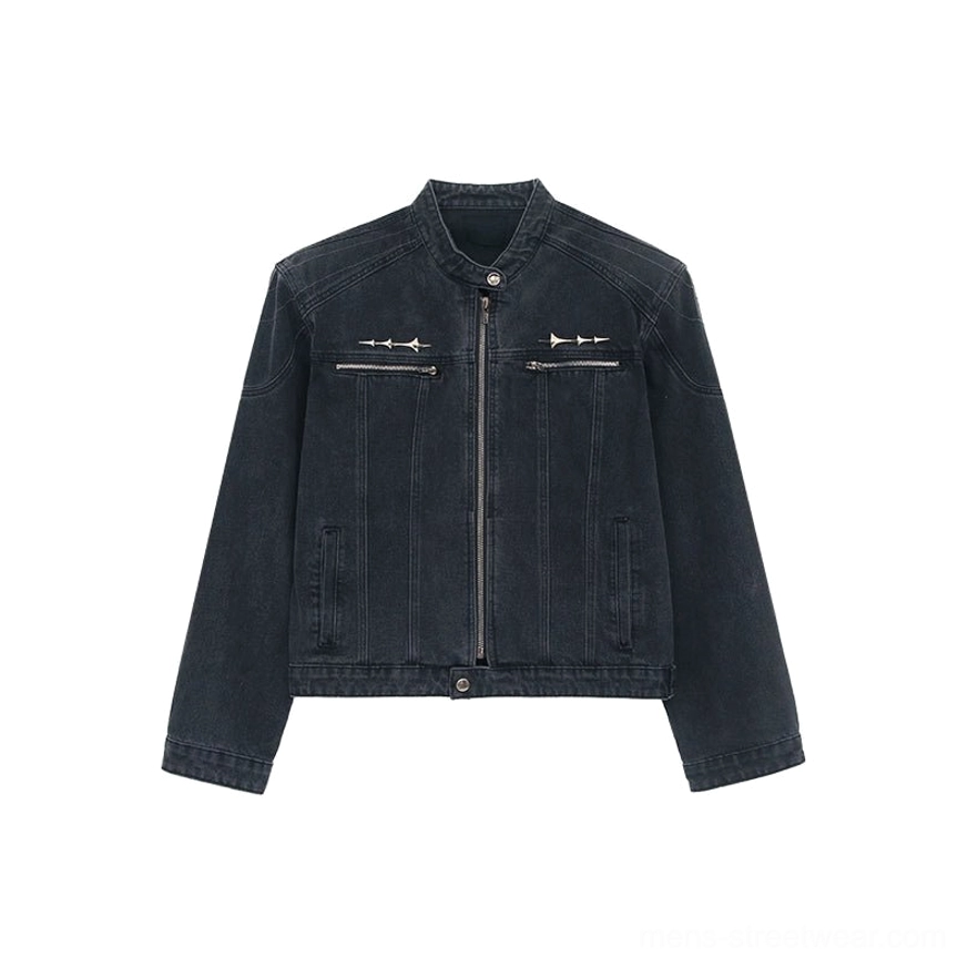 Black cropped stand collar washed denim moto jacket product view with zip chest pockets