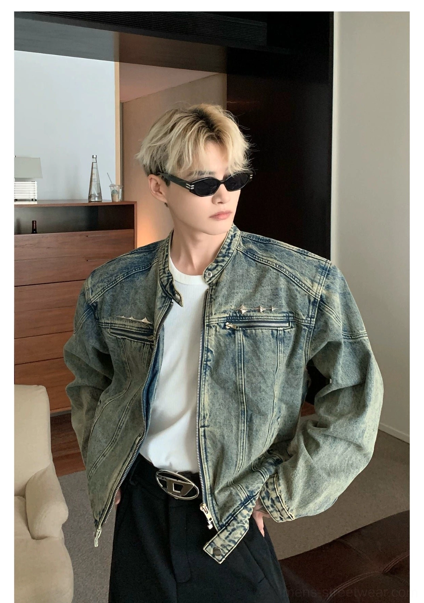 Cropped stand collar washed denim moto jacket detailed product view with streetwear zipper hardware