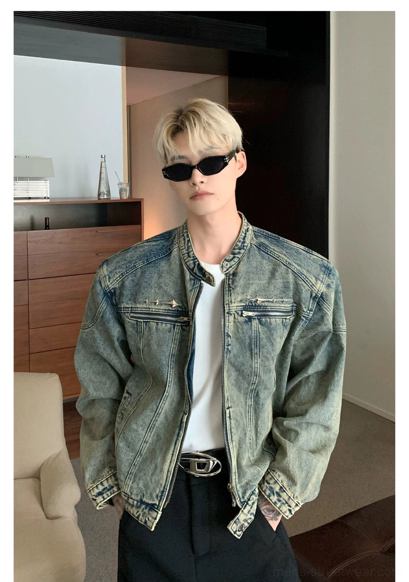 Open distressed blue stand collar washed denim moto jacket in cropped Korean streetwear fit
