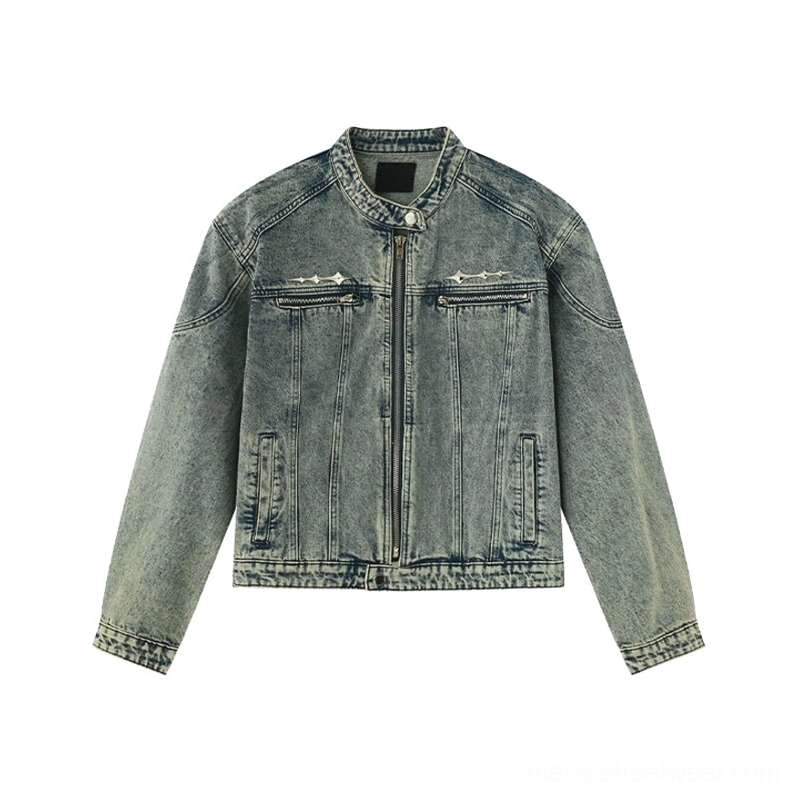 Distressed blue cropped stand collar washed denim moto jacket product view
