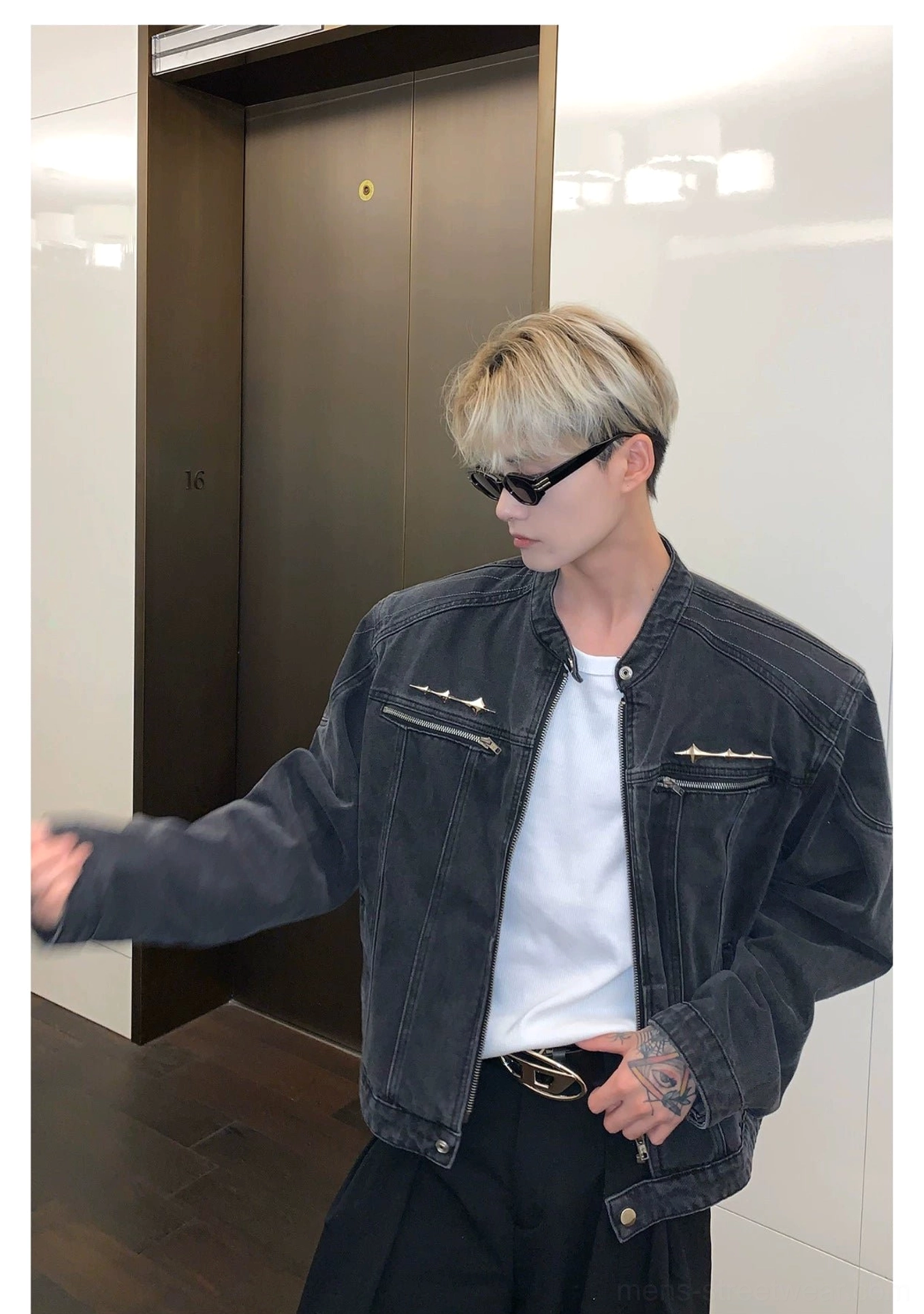 Cropped stand collar washed denim moto jacket washed denim fabric and cuff detail